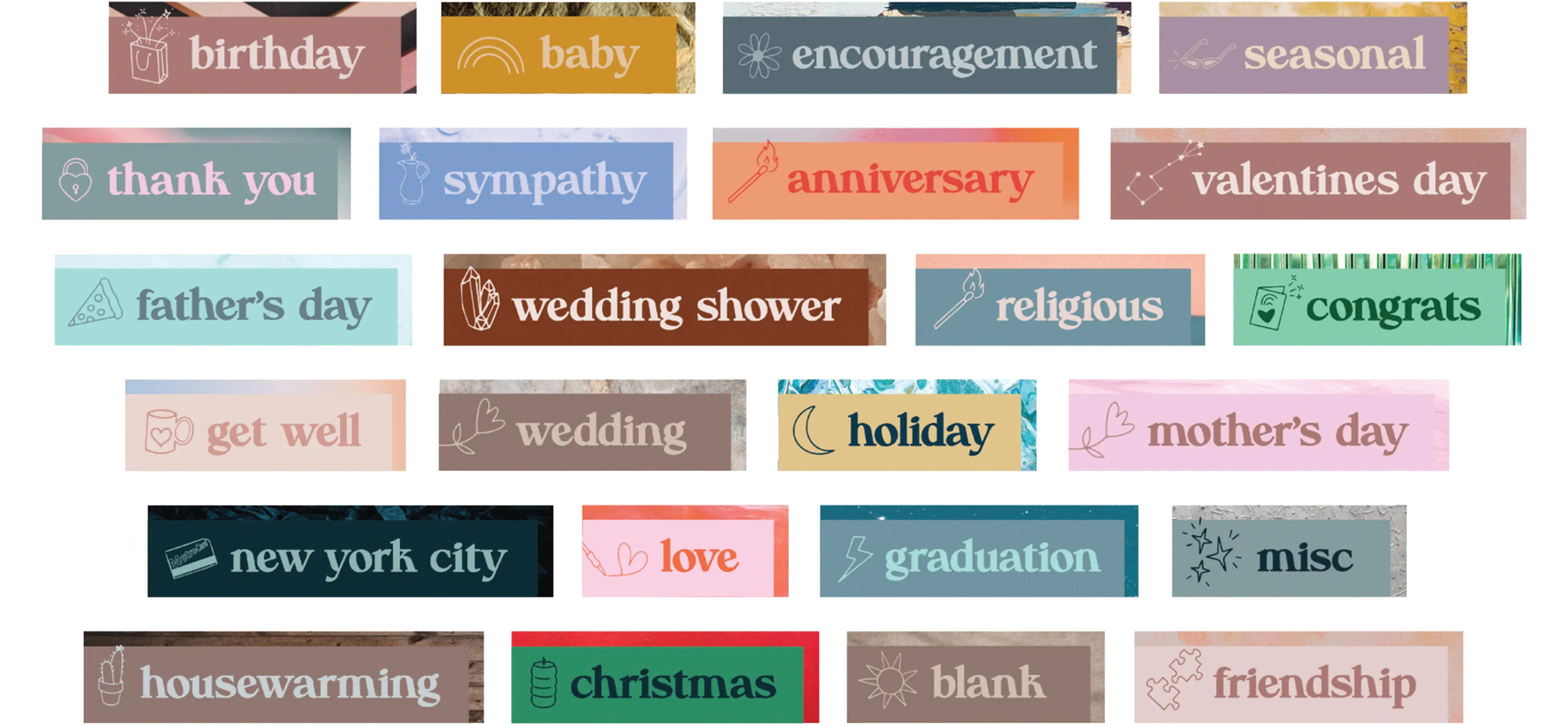 Tags for different categories of greeting cards.