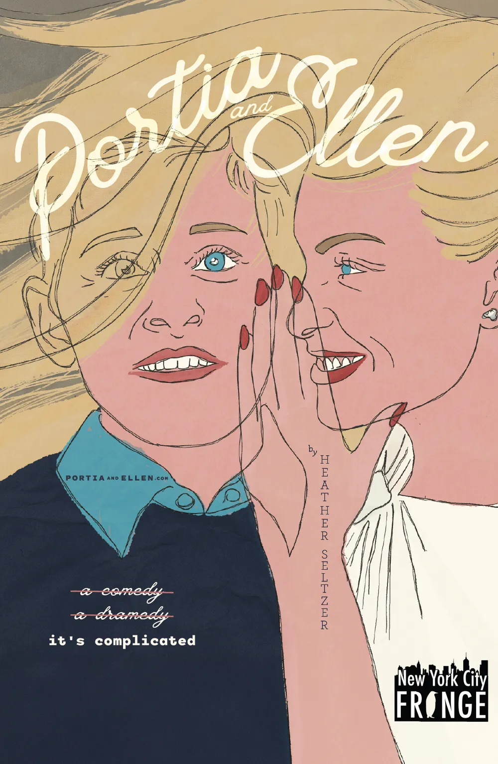 A poster for the theatrical production depicting Portia whispering something in Ellen’s ear.