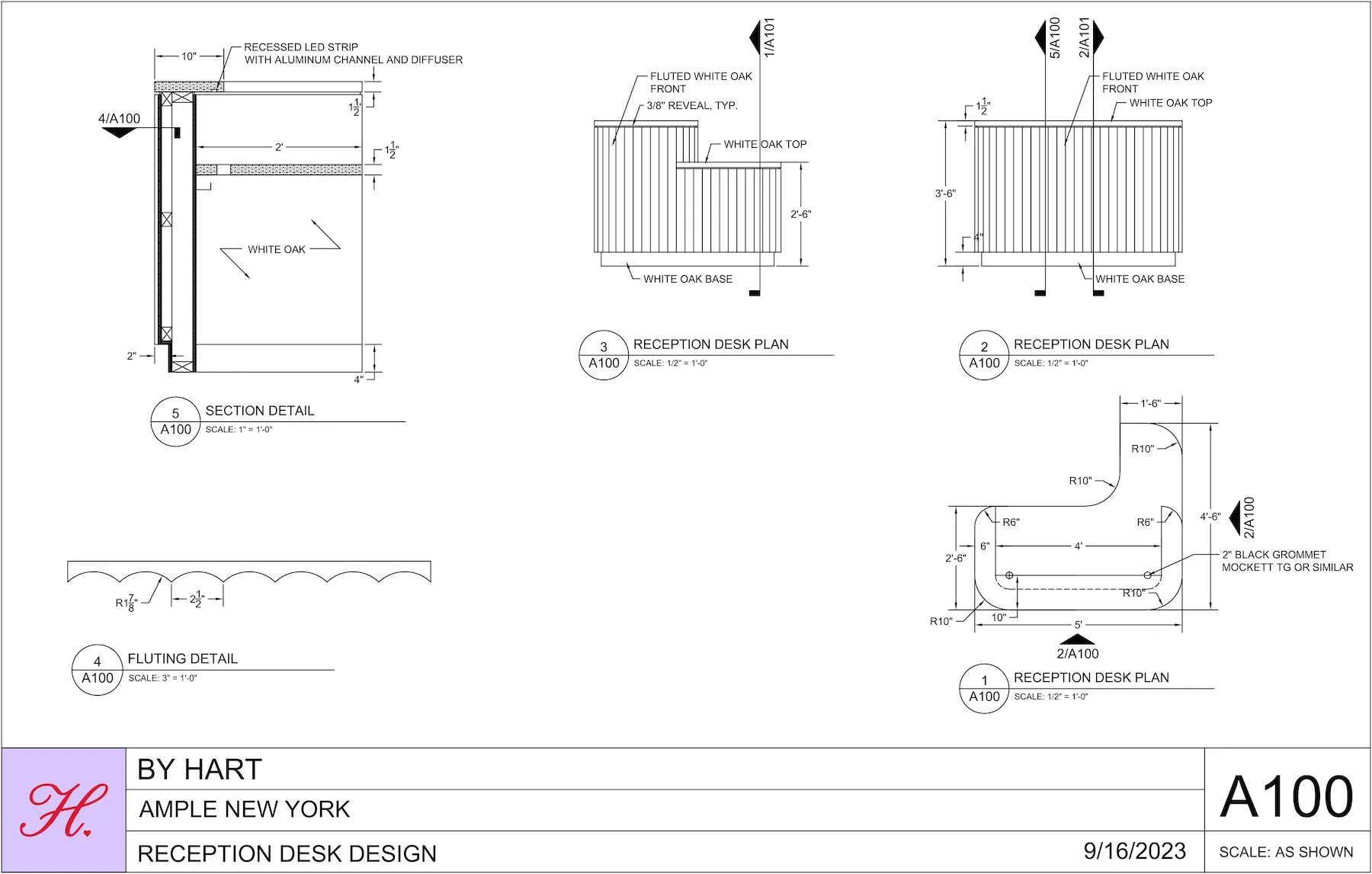 Plans for the reception desk in the Ample office.