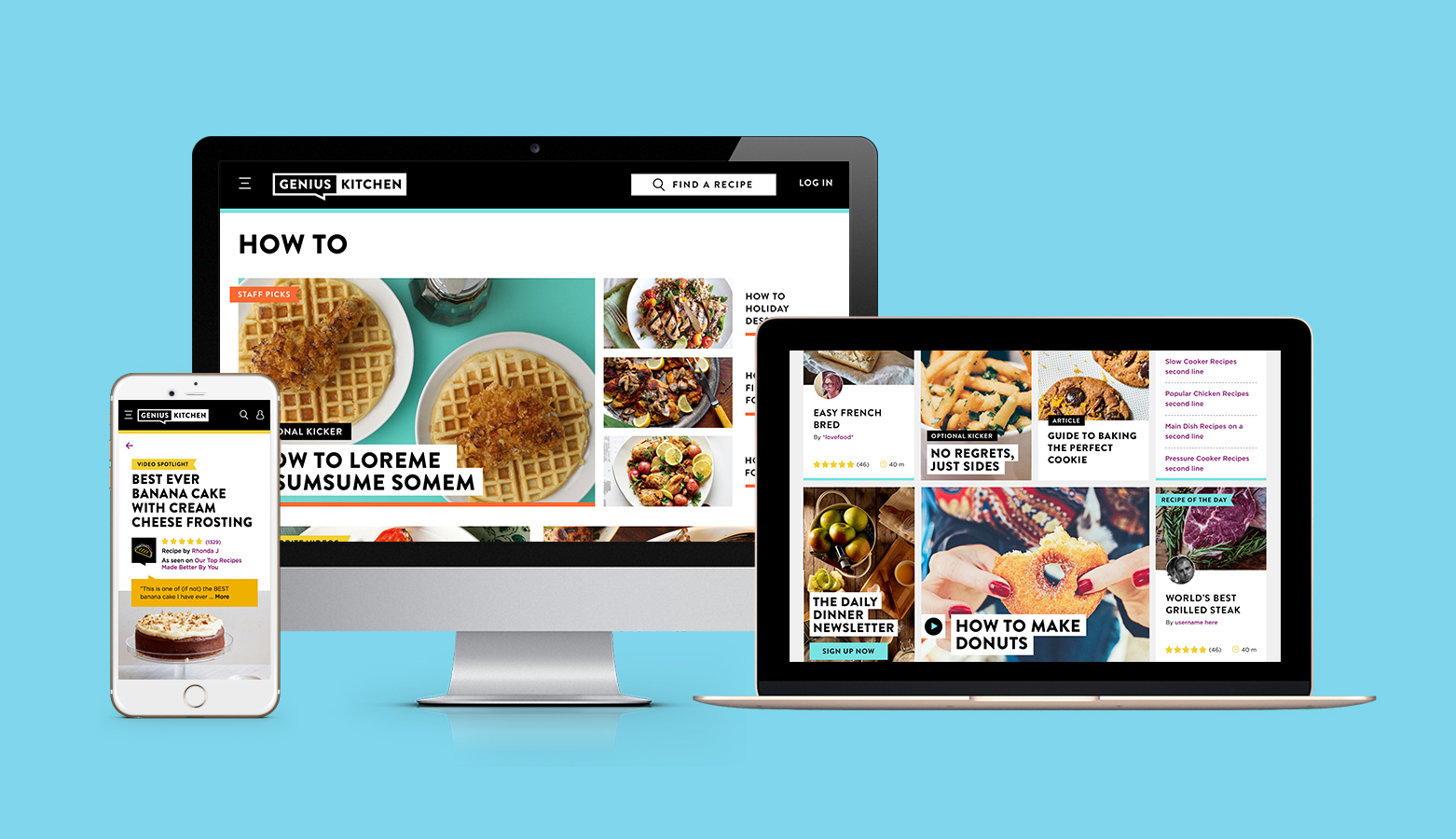 genius kitchen website on laptop, desktop computer and iphone